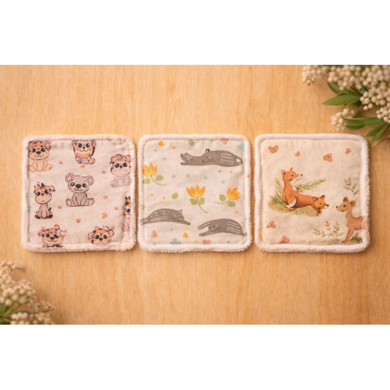 Lot de 3 lingettes lavables motif animaux
